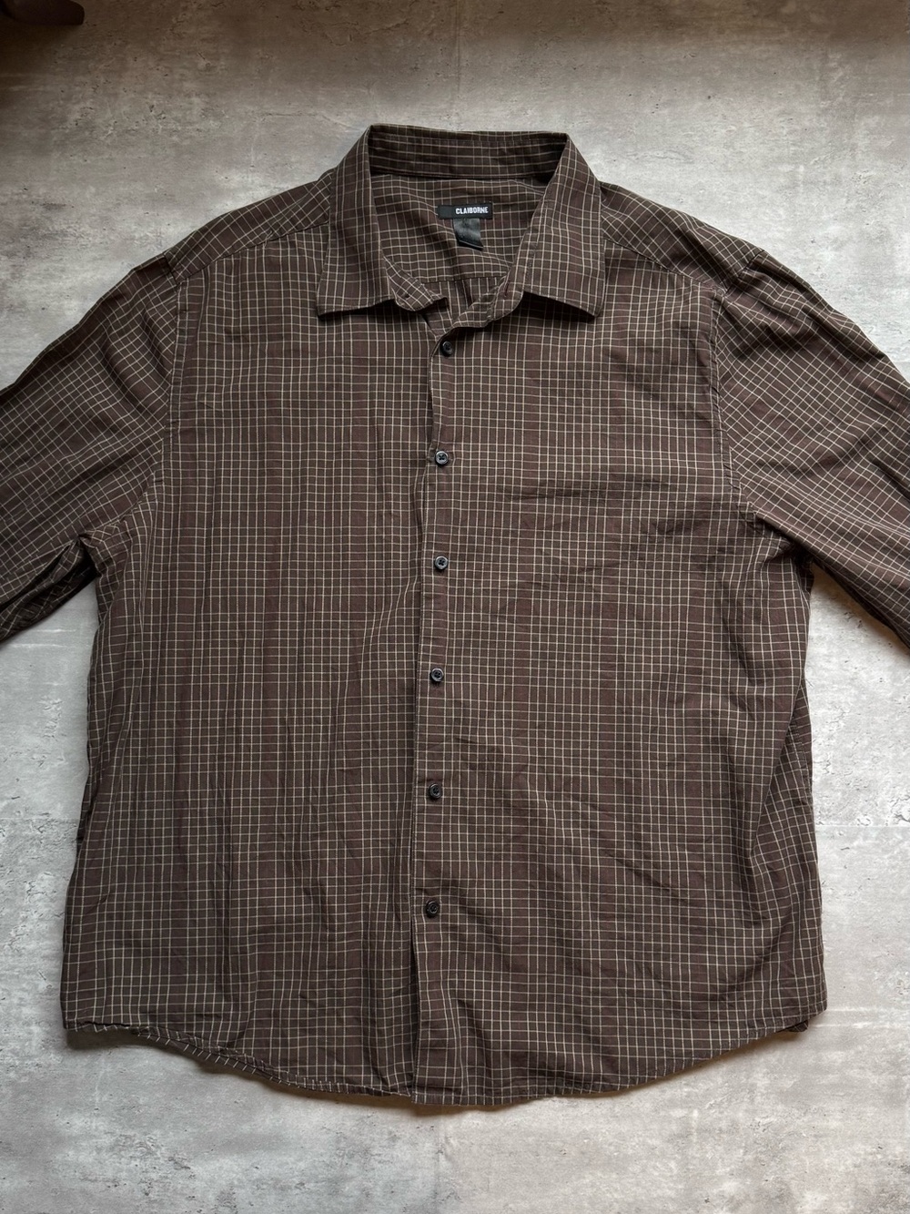Claiborne Mens XXL Brown Plaid Long Sleeve Button Front Dress Shirt Pocket
